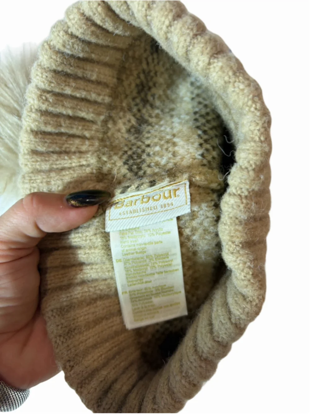 Barbour Alpine Fair Isle Faux Fur Pom Beanie Hat Taupe Nordic Winter